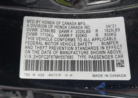 2021 Honda Civic Sport z USA, uszkodzony, nr VIN 2HGFC2F87MH557680